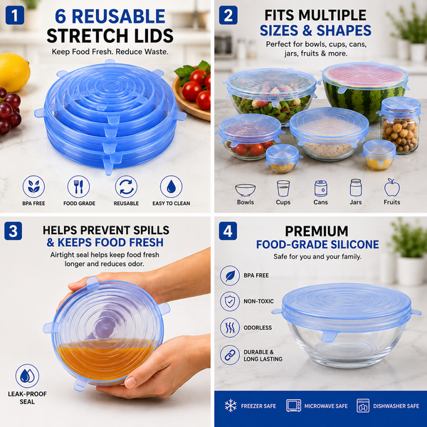 Silicone Stretch Lids With Bowl (Pack of 6)